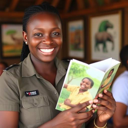 A friendly Karibu Uganda Safaris representative smiling and holding a brochure