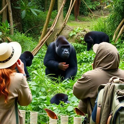 A group of tourists observing a family of gorillas in their natural habitat