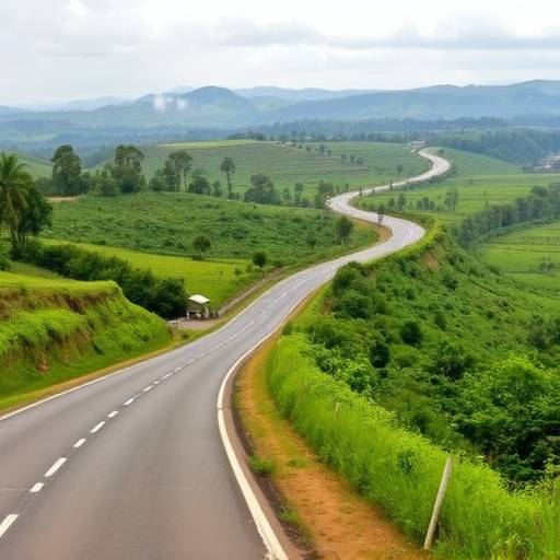 A newly constructed highway winding through the Ugandan countryside.