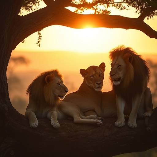 Lions resting on a tree branch in Queen Elizabeth National Park