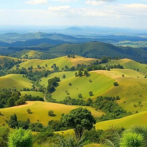 Panoramic view of the Ugandan landscape with rolling hills and lush greenery