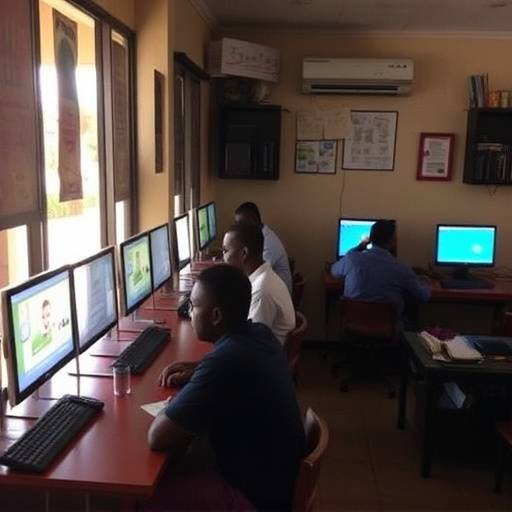 People working at computers in an internet cafe in Kampala, Uganda.